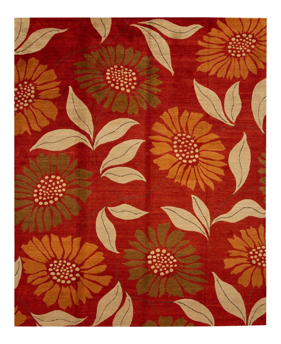 Vibrant Red Hand-Knotted Tibetan Wool Rug 8' x 10': Vibrant Red Hand-Knotted Tibetan Wool Rug 8' x 10' This stunning 21st century contemporary Tibetan wool rug features a vibrant red field adorned with an intricate all-over floral design in multiple co