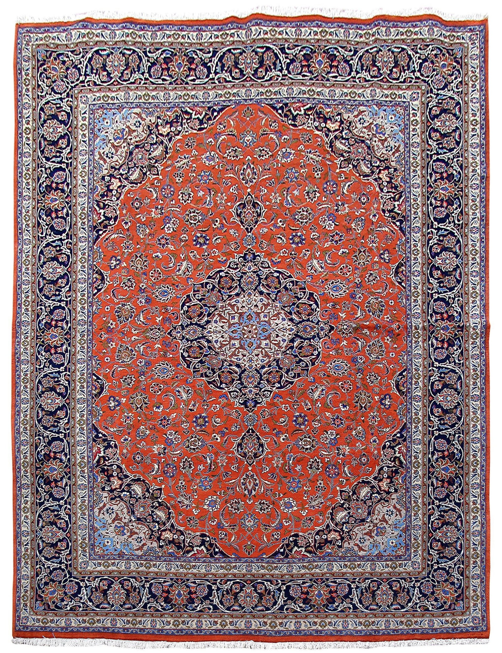 Persian Sarouk Rug 9'10 x 13'2 Hand Knotted Red Orange Wool Floral: Persian Sarouk Rug 9'10 x 13'2 Hand Knotted Red Orange Wool Floral Free continental US Shipping This Persian Sarouk rug is hand-knotted from premium natural wool by skilled artisans in the Sarouk regi