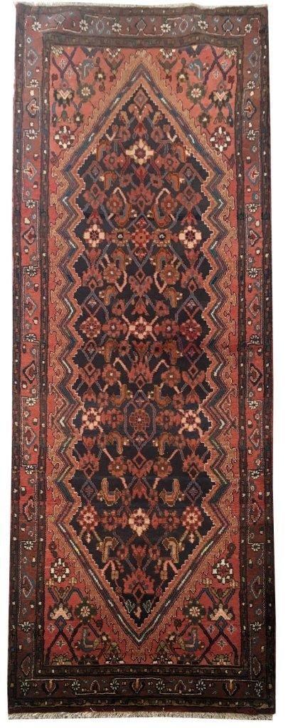4'1" x 10'11" Dark Blue Handwoven Persian Hamadan Runner Rug: 4'1" x 10'11" Dark Blue Handwoven Persian Hamadan Runner Rug Free continental US Shipping Enhance your living space with this exquisite handcrafted Hamadan runner rug, featuring traditional Persian de