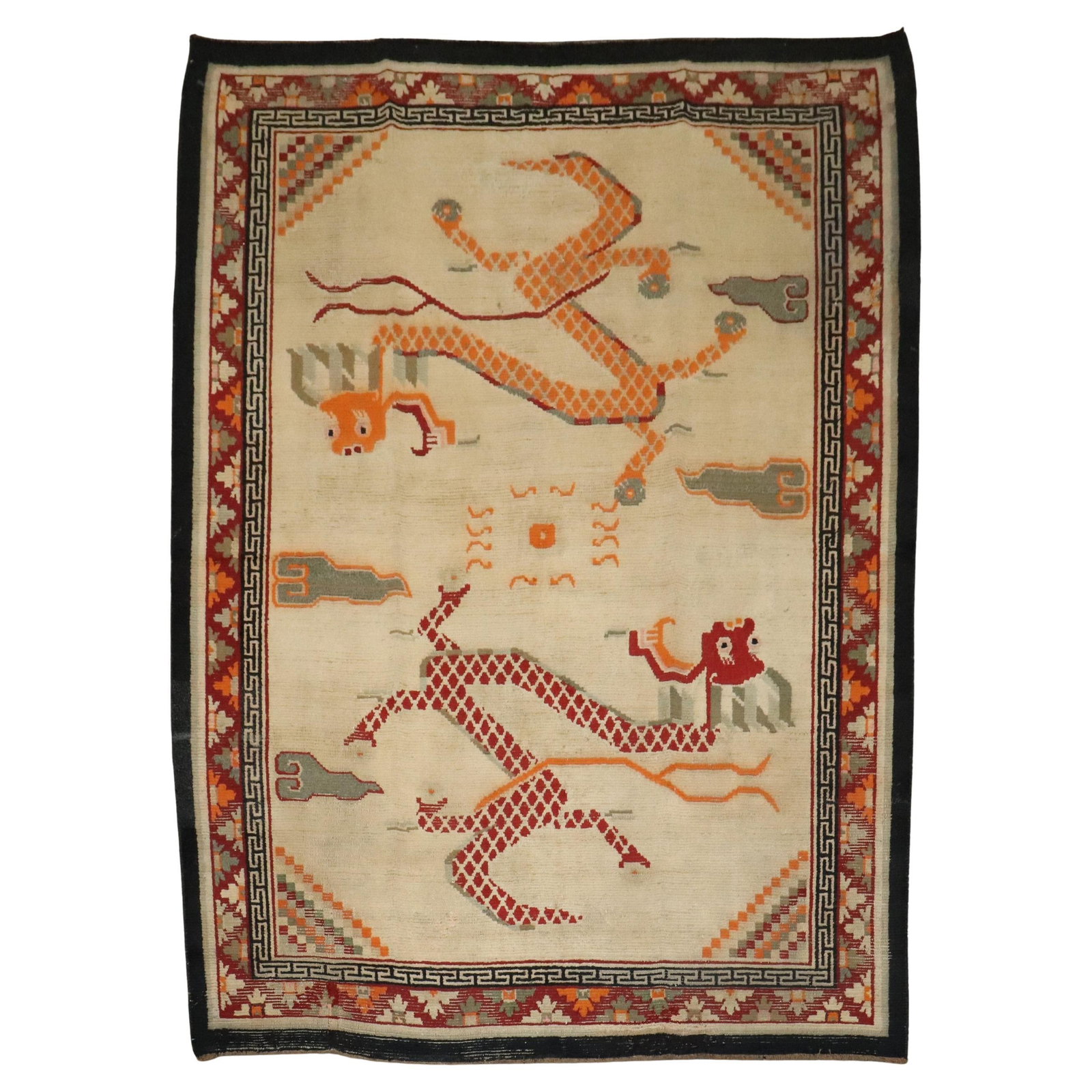 Mid 20th Century Dragon Design Tibetan Rug 71 x 91 Wool Hand-Knotted: Mid 20th Century Dragon Design Tibetan Rug 71 x 91 Wool Hand-Knotted Introducing the Zabihi Collection Square Dragon Vintage Tibetan Rug, a stunning addition to any space. This mid-20th-century rug fe