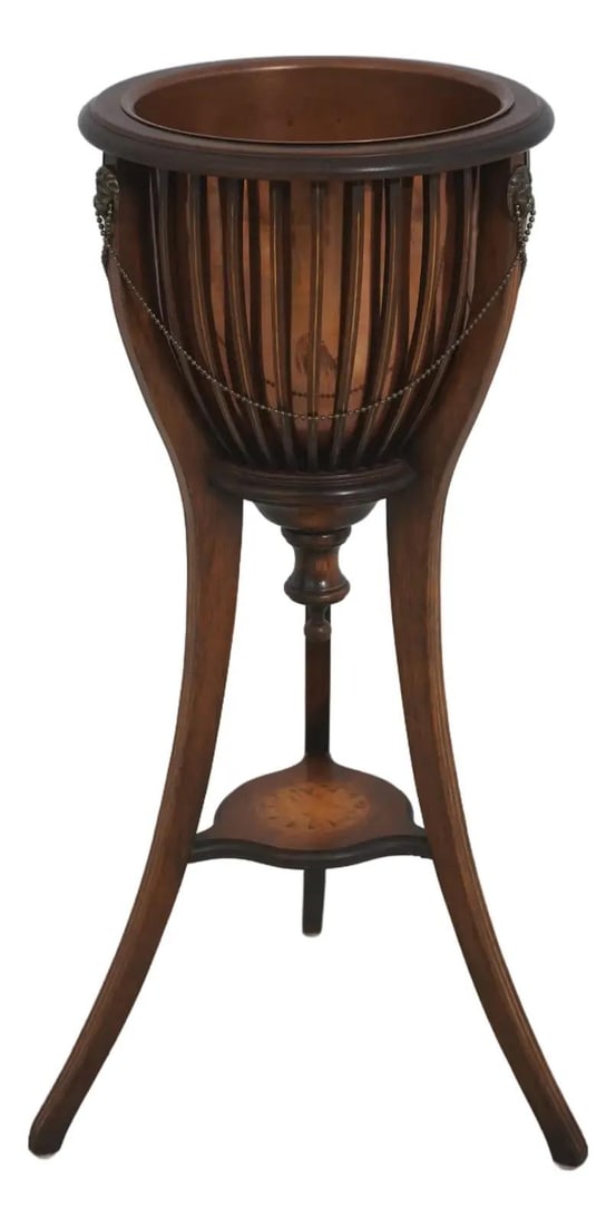 Mahogany Planter with Inlay and Copper Insert in Adams Style: Mahogany Planter with Inlay and Copper Insert in Adams Style This Adams style planter features inlaid mahogany construction with a high-quality English design and a copper bucket insert. The piece is 