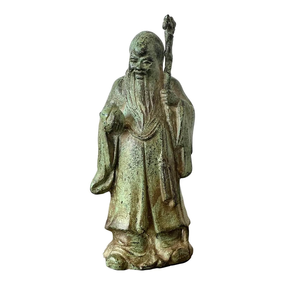 Shou Lao Bronze Figure Verdigris Patina Celadon 11.25 Inch Sculpture: Shou Lao Bronze Figure Verdigris Patina Celadon 11.25 Inch Sculpture This vintage sculpture represents Shou Lao, the Chinese God of Longevity, a revered figure in Asian tradition. Expertly cast in hea