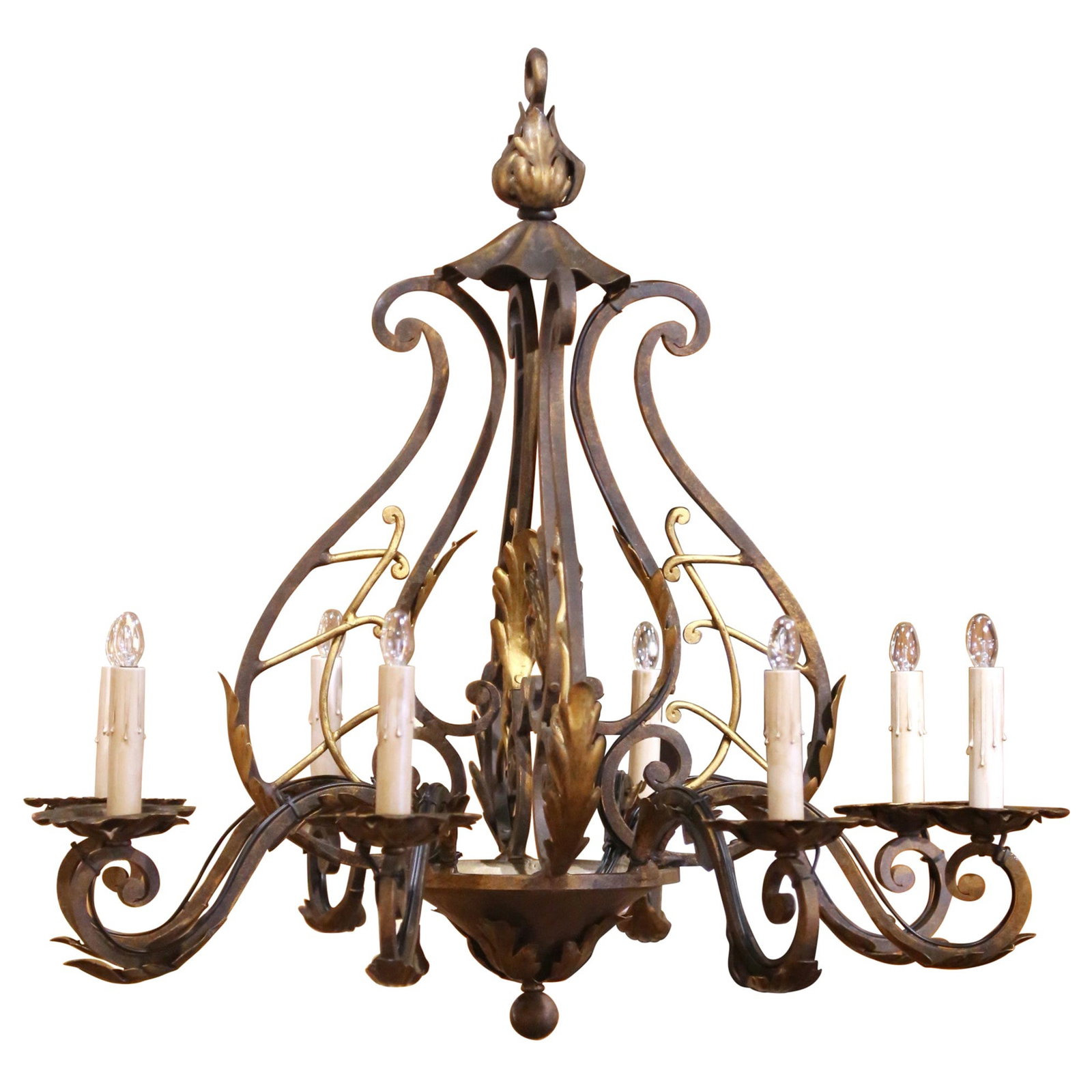 French Louis XV Style 8-Light Gilt Verdigris Wrought Iron Chandelier: French Louis XV Style 8-Light Gilt Verdigris Wrought Iron Chandelier Mid-century French Louis XV style chandelier crafted in France circa 1960. This eight-light fixture is made of hand-forged wrought 