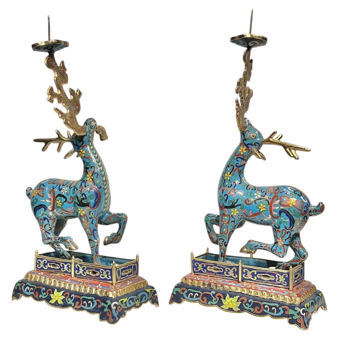 Set of 2 Chinese Cloisonne Metal Deer Form Candlesticks (1 of 11)