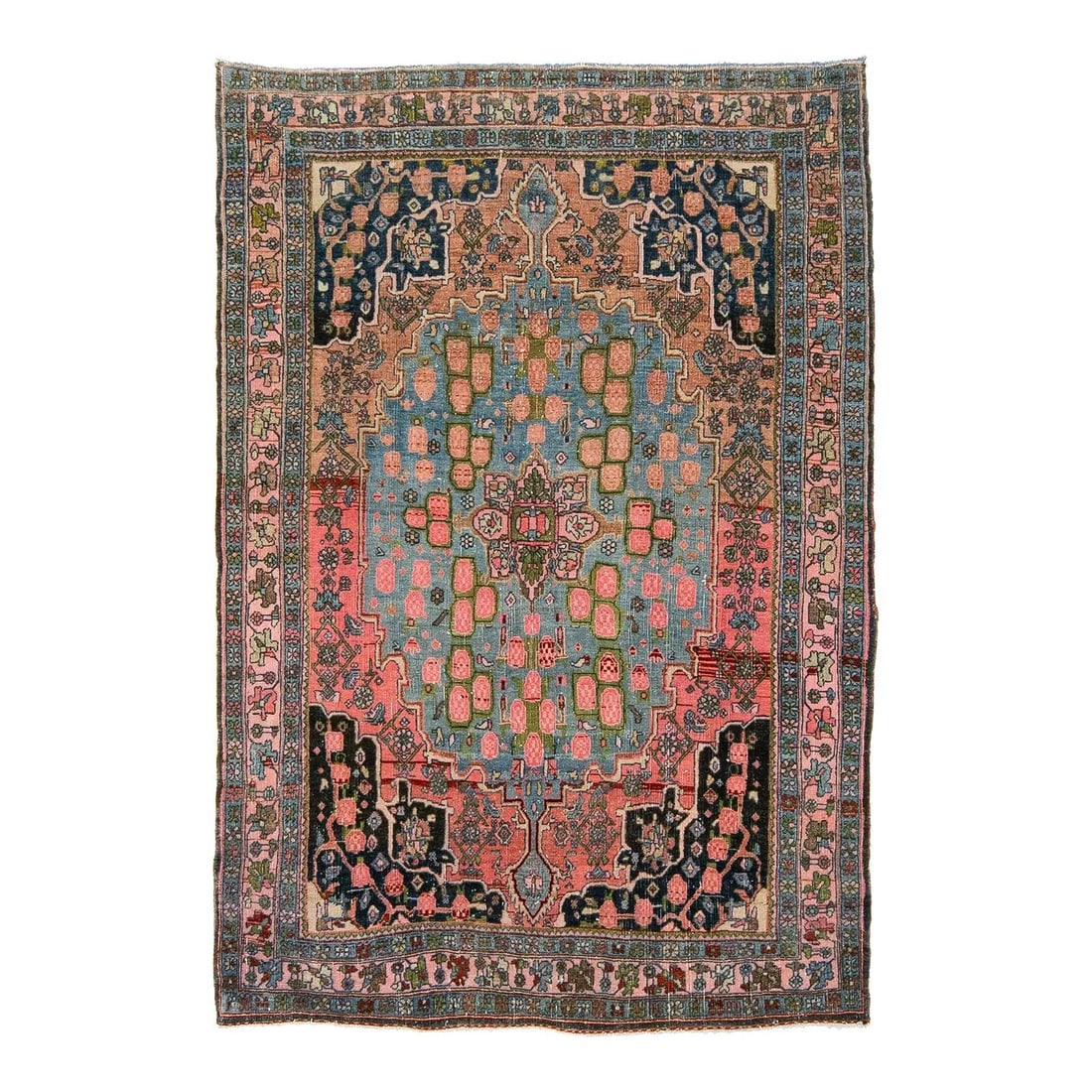 3'7" x 5'2" Antique Bidjar Wool Rug Cerulean Field Medallion: 3'7" x 5'2" Antique Bidjar Wool Rug Cerulean Field Medallion Antique Bidjar area rug dating to the turn of the 20th century, featuring a central medallion, stylized geometric floral motifs, and a mult