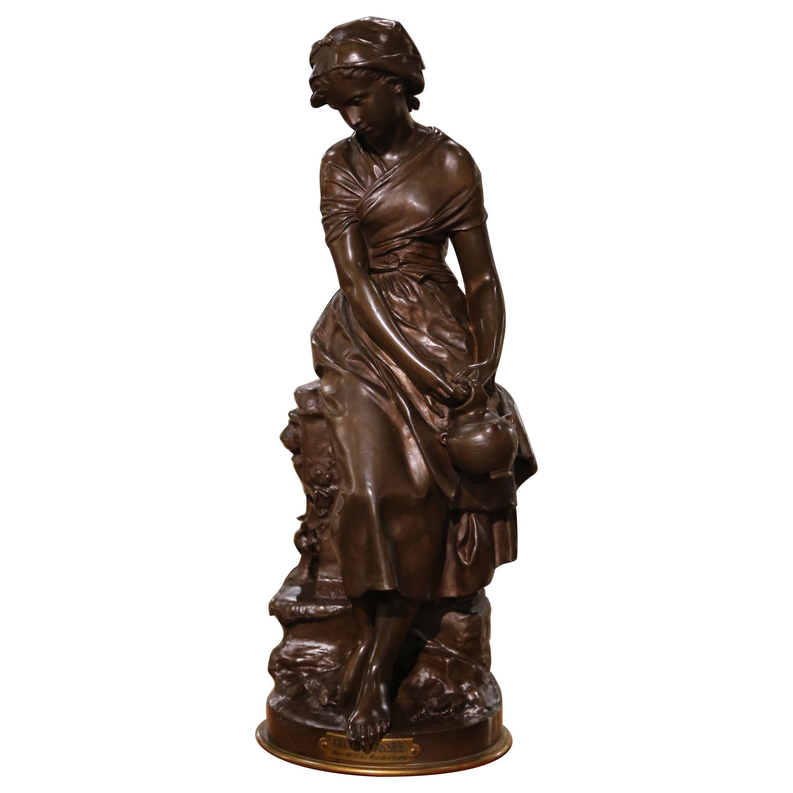 Mathurin Moreau Bronze Maiden Sculpture La Cruche Cassee France circa 1880: Mathurin Moreau Bronze Maiden Sculpture La Cruche Cassee France circa 1880 This late 19th-century French bronze sculpture, titled La Cruche Cassee (The Broken Pitcher), was crafted circa 1880 by Mathu