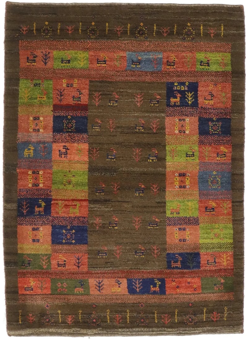 3'4 x 4'8 Wool Area Rug Hand-Knotted Tribal Border Vintage Gabbeh: 3'4 x 4'8 Wool Area Rug Hand-Knotted Tribal Border Vintage Gabbeh This handmade vintage Gabbeh oriental rug features a plush, medium-pile wool construction with a tribal border design. The rug is hand