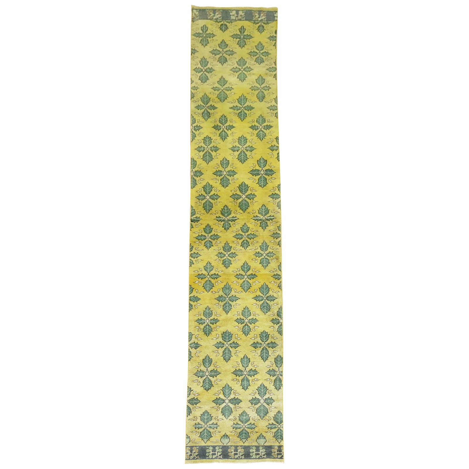 Mid Century Turkish Konya Wool Hand Knotted Runner: Mid Century Turkish Konya Wool Hand Knotted Runner This handmade Turkish Konya runner from the mid-20th century features a borderless design with predominant yellow and green shades. Crafted using han