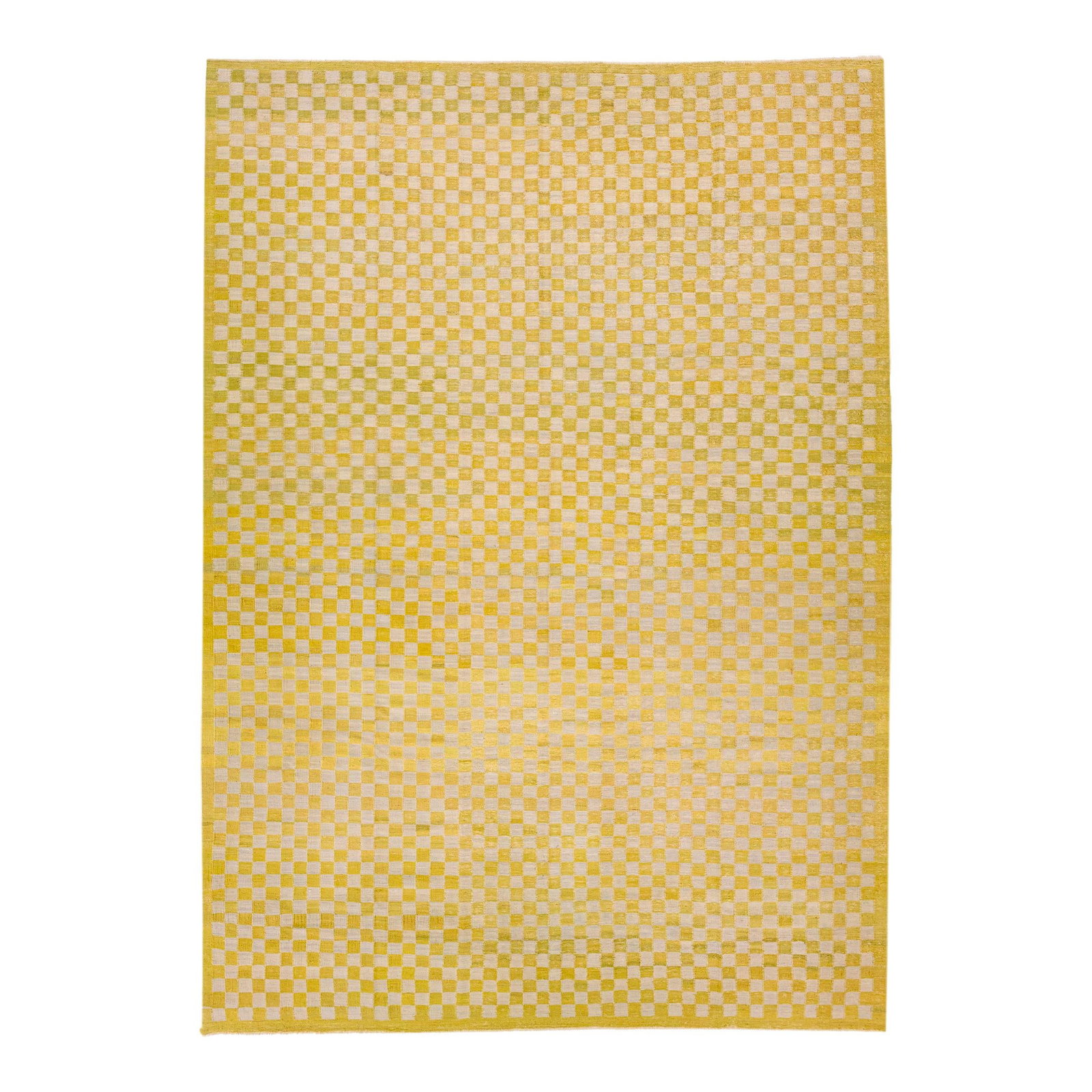 Mid-Century Vintage Kilim Yellow Wool Rug 10'6 x 14'6 Checker Motif: Mid-Century Vintage Kilim Yellow Wool Rug 10'6 x 14'6 Checker Motif Enhance your space with this stunning mid-century vintage Kilim flatweave wool rug, showcasing a beautiful beige and yellow color pa