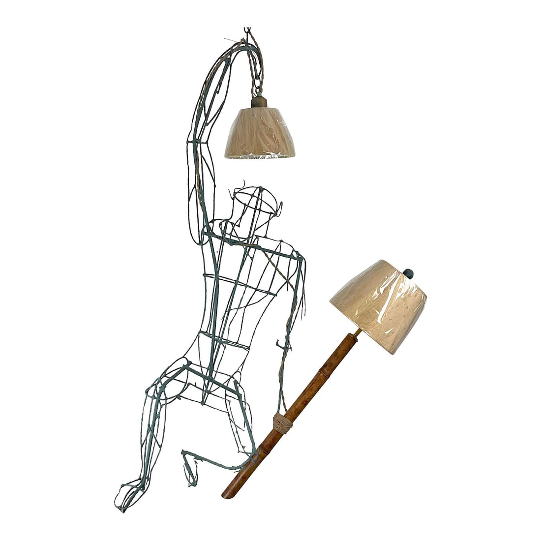 Vintage Boho Wire Frame Human Figure Hanging Lamp 35x15x53: Vintage Boho Wire Frame Human Figure Hanging Lamp 35x15x53 Introducing a remarkable blend of art and functionality, this handcrafted wireframe hanging lamp is designed in the shape of a dynamic human 