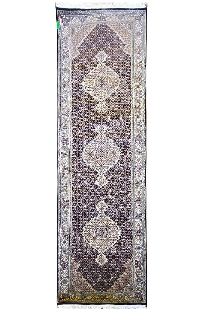 Handmade 2.9 x 10 Black Wool and Silk Runner Rug Mahi Design: Handmade 2.9 x 10 Black Wool and Silk Runner Rug Mahi Design Free continental US Shipping Introducing a stunning 10-foot runner rug, meticulously handcrafted from a luxurious blend of wool and silk in