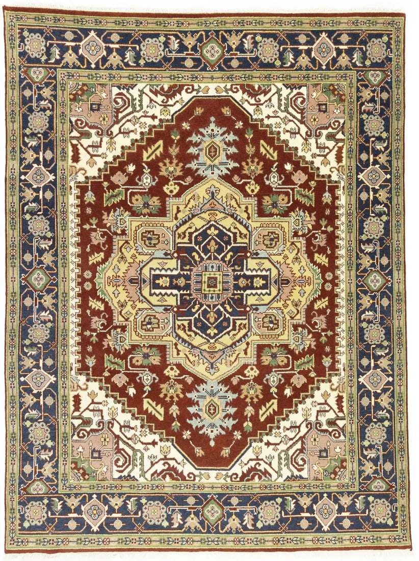 Hand-Knotted 8'10 x 11'10 Wool Geometric Heriz Serapi Area Rug Rusty Red: Hand-Knotted 8'10 x 11'10 Wool Geometric Heriz Serapi Area Rug Rusty Red This hand-knotted Heriz Serapi-style area rug features a striking geometric pattern in rusty red, hale navy, green, rusty pink,