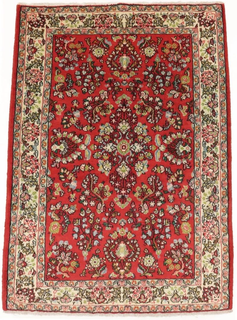 Hand-Knotted Vintage Floral Wool Area Rug 4'9 x 3'4 Tribal Design: Hand-Knotted Vintage Floral Wool Area Rug 4'9 x 3'4 Tribal Design Enhance your living space with this exquisite hand-knotted vintage Oriental rug, featuring a vibrant floral pattern in shades of red, 