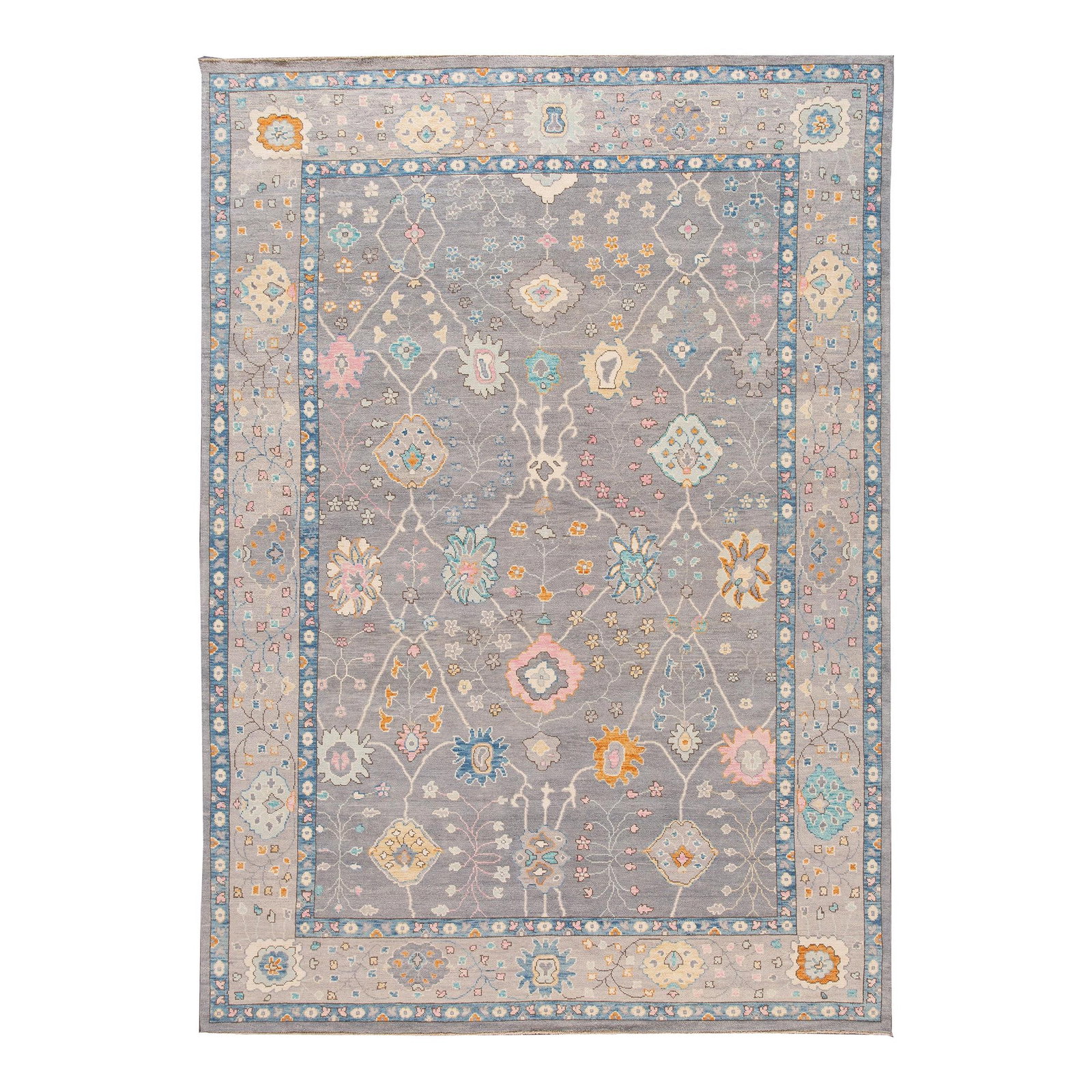 Hand-Knotted Gray Oushak Style Wool Rug 10'1 x 14'1: Hand-Knotted Gray Oushak Style Wool Rug 10'1 x 14'1 Enhance your living space with this stunning hand-knotted contemporary Oushak style wool rug. Featuring a soft gray field adorned with vibrant multi