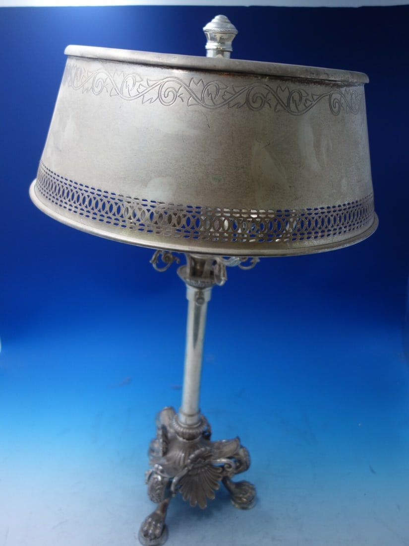 Indian Silverplate 5-Light Candelabra with Shade and Lion Feet 24 Inch: Indian Silverplate 5-Light Candelabra with Shade and Lion Feet 24 Inch This post-1940 Indian silverplate five-light candelabra features lion feet and includes a shade. Measuring 24 inches tall by 15 i