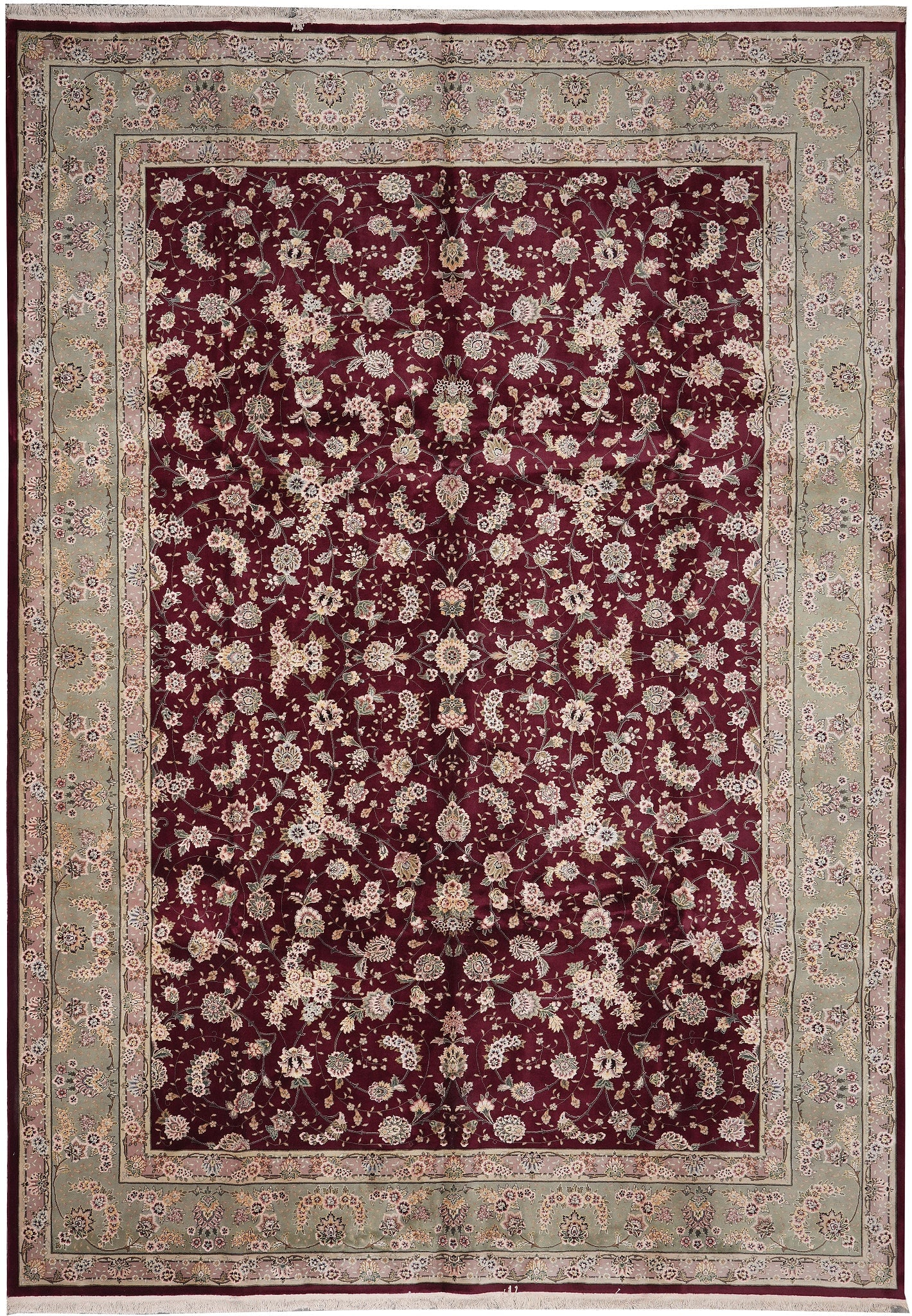 10 x 14 Handmade Wool and Silk Rug Burgundy Green Floral: 10 x 14 Handmade Wool and Silk Rug Burgundy Green Floral Free continental US Shipping This fine quality handmade rug measures 10 x 14 and is crafted from a wool and silk blend. It features a rich burg
