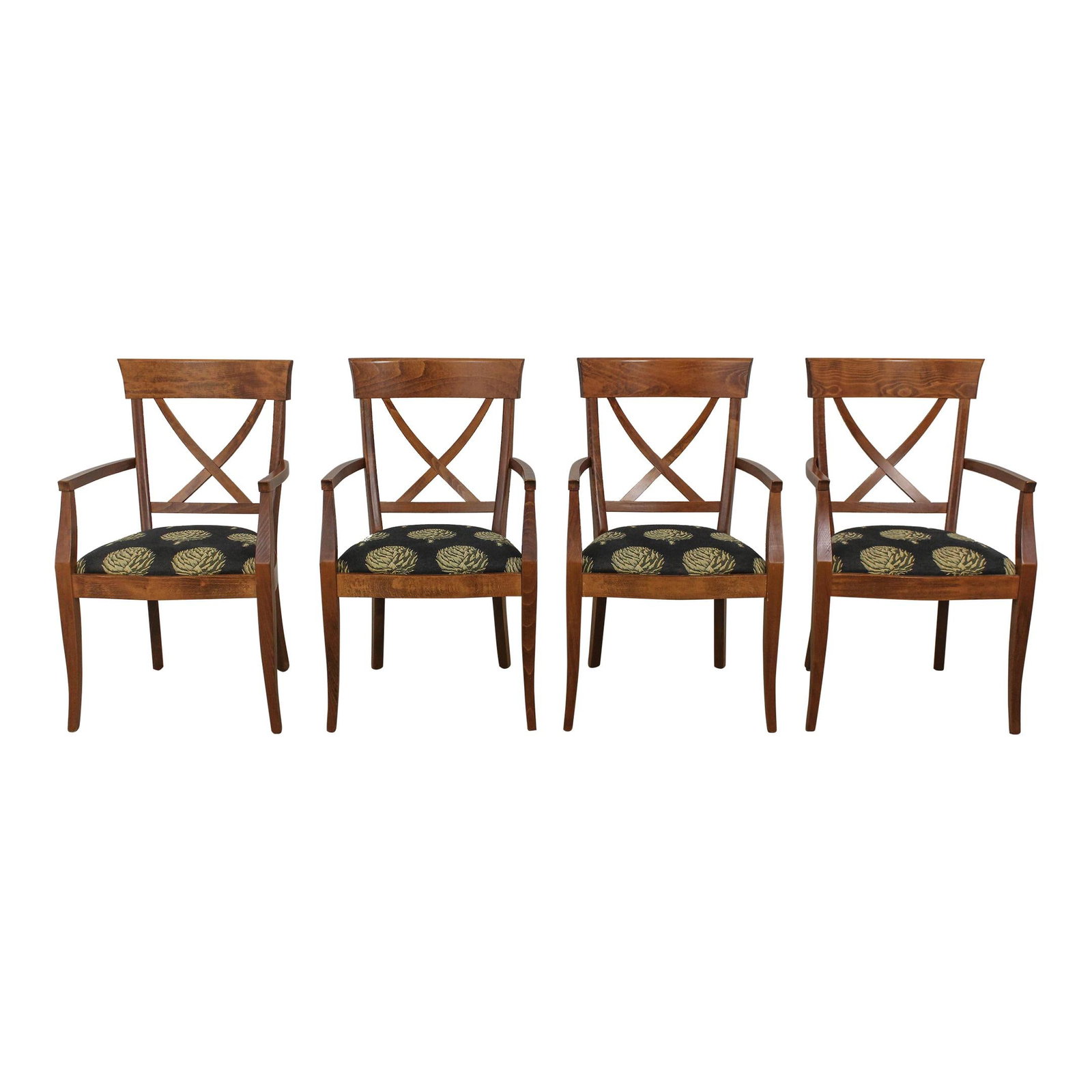 Set of 4 Italian Regency Armchairs with X Backs: Set of 4 Italian Regency Armchairs with X Backs This exquisite set of four Italian-made Regency armchairs showcases a timeless design, featuring elegant X backs and clean upholstered seats. Each chair