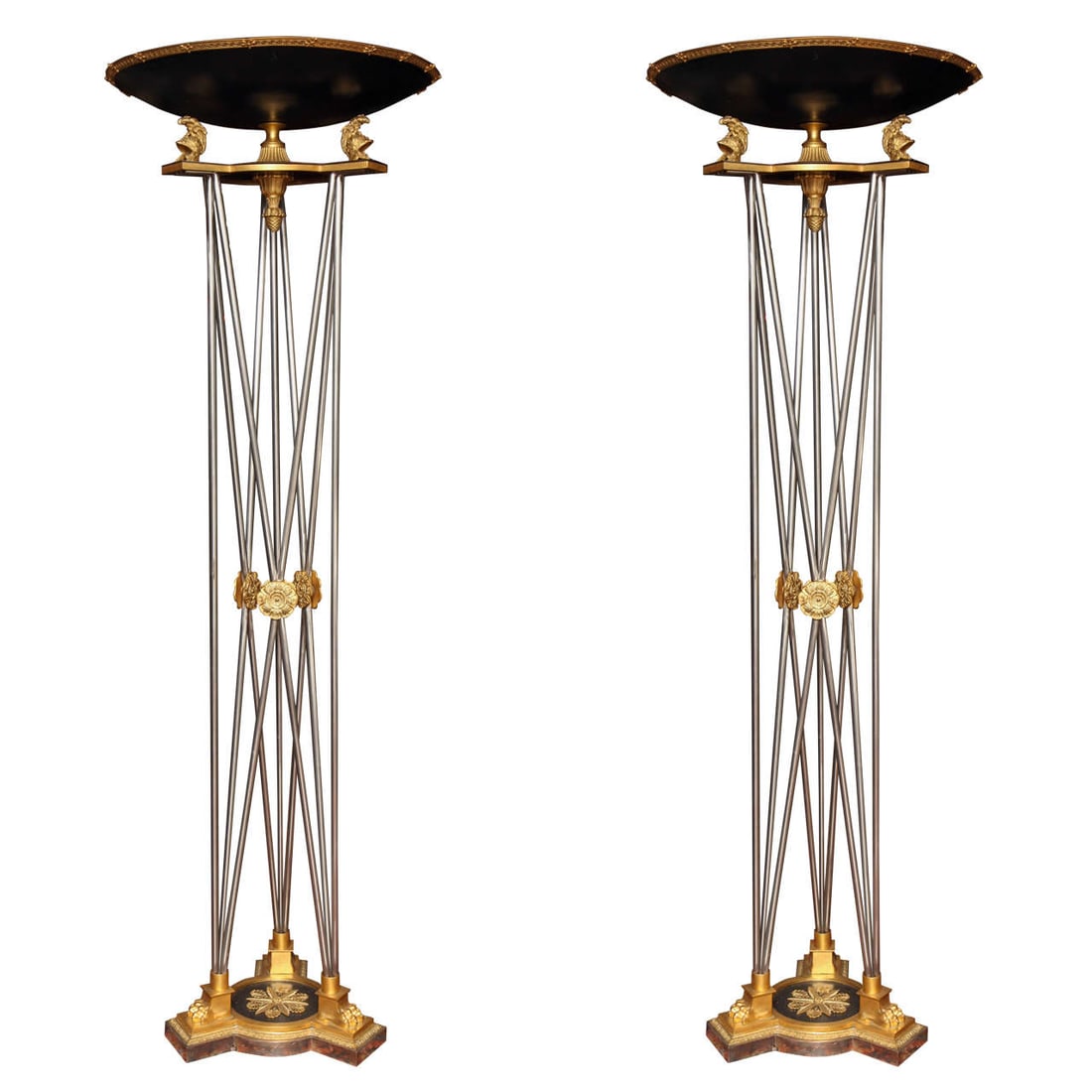 Set of 2 Empire Style Bronze and Steel Torchiere Floor Lamps 87.5 in: Set of 2 Empire Style Bronze and Steel Torchiere Floor Lamps 87.5 in Pair of vintage torchiere floor lamps in the French Empire style, finely crafted from gilt and patinated bronze and steel. Each lam