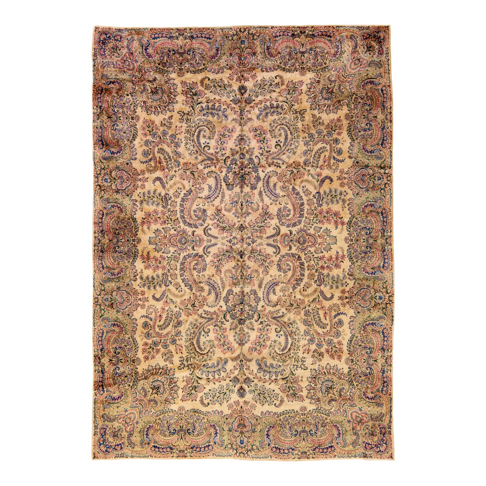 Antique Kerman Handmade Wool Rug Floral Design 9'8 x 13'9: Antique Kerman Handmade Wool Rug Floral Design 9'8 x 13'9 This stunning Antique Kerman hand-knotted wool rug features a beautiful beige field, accentuated by a captivating all-over floral design in bl