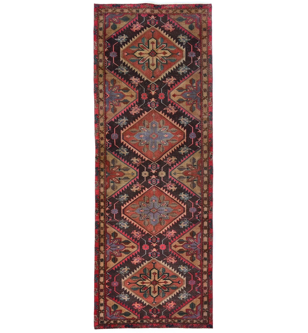Vintage 1960s 4'5 x 12'1 Hand-Knotted Wool Oriental Runner Rug: Vintage 1960s 4'5 x 12'1 Hand-Knotted Wool Oriental Runner Rug Enhance your space with this stunning Semi-Antique Distressed Oriental Runner Rug, a perfect blend of vintage aesthetics and modern funct