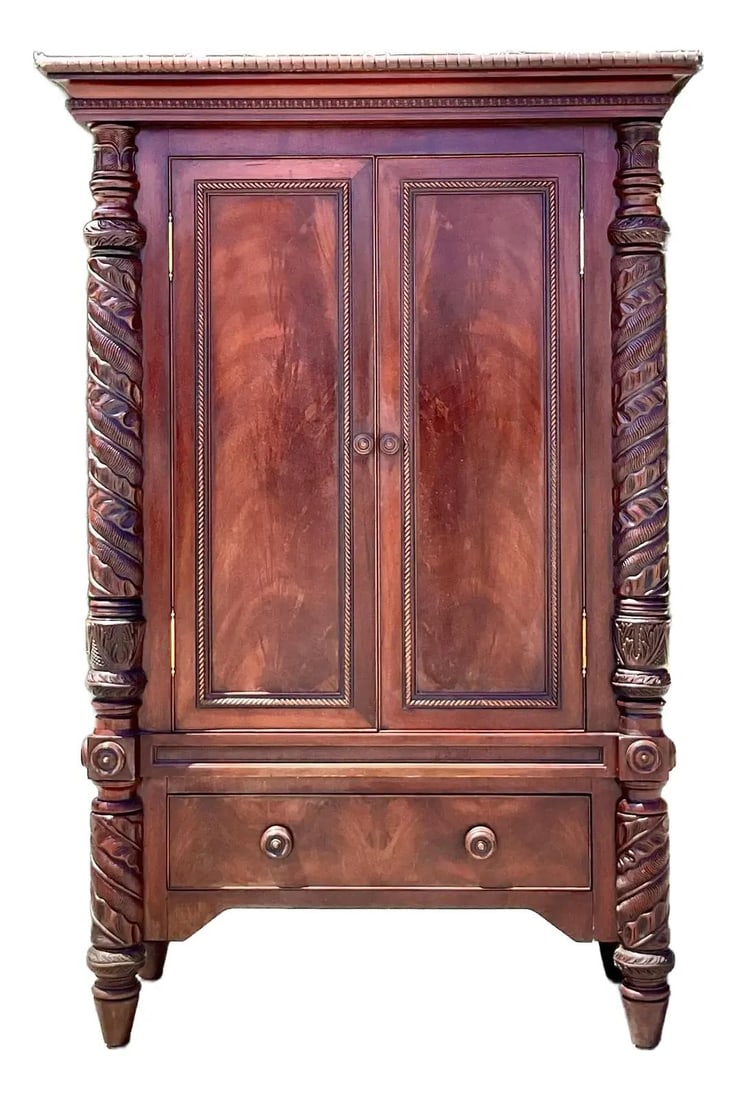 Elegant Vintage Regency Carved Mahogany Armoire with Storage: Elegant Vintage Regency Carved Mahogany Armoire with Storage Enhance your living space with this stunning Vintage Regency Carved Mahogany Armoire, a remarkable example of craftsmanship and historical 