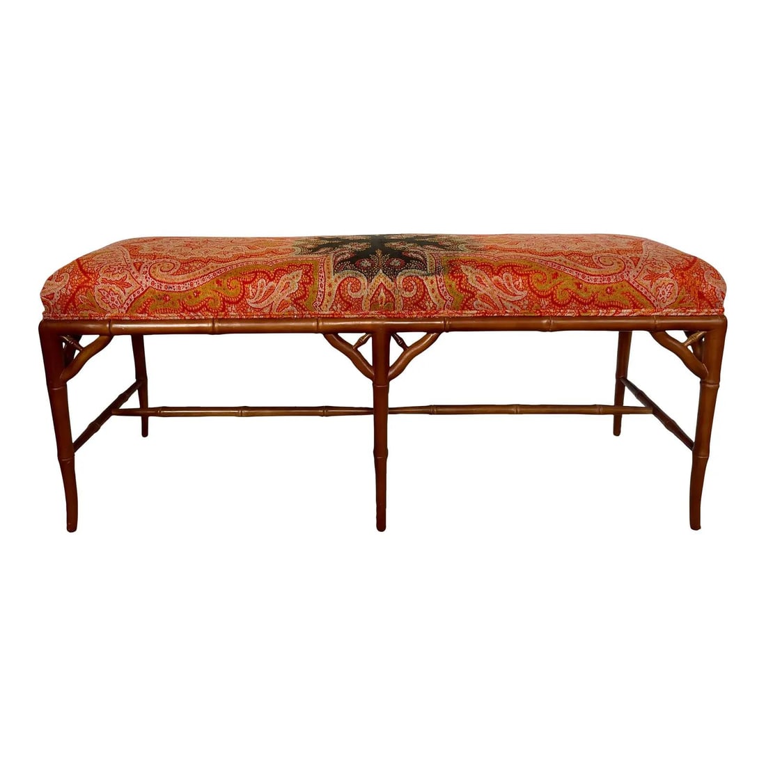 19th Century Cashmere Shawl Upholstered Faux Bamboo Bench: 19th Century Cashmere Shawl Upholstered Faux Bamboo Bench This elegant faux bamboo bench features upholstery made from a 19th-century cashmere shawl, dating back to circa 1880-1900. The shawl is in ve