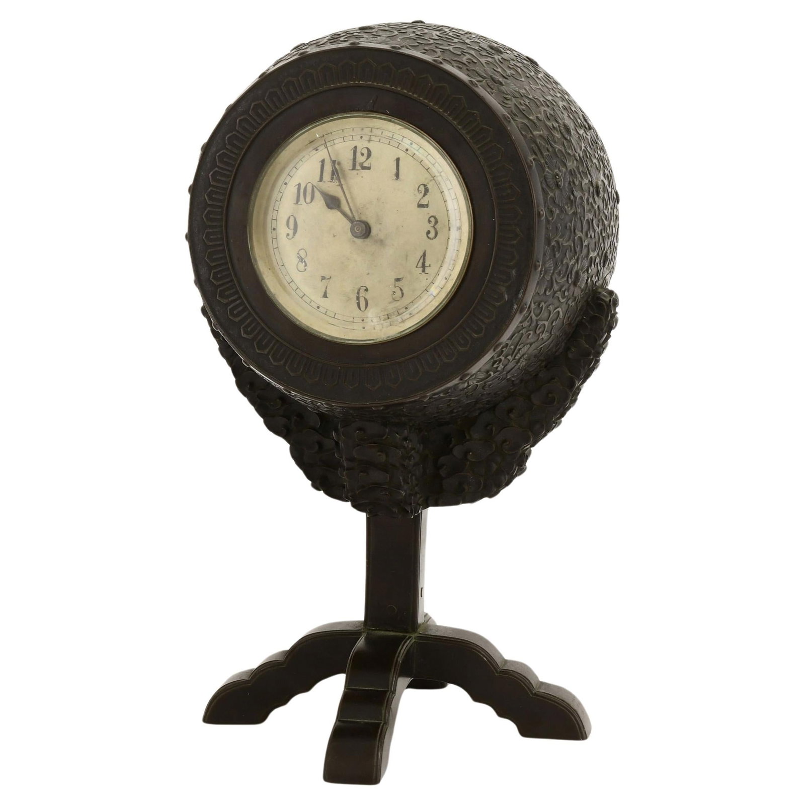 Japonisme Bronze Drum Shaped Table Clock Late 19th Century Japanese Style: Japonisme Bronze Drum Shaped Table Clock Late 19th Century Japanese Style This antique table or mantel clock, dating to the late 19th century, is crafted in the Japonisme style and features a bronze b