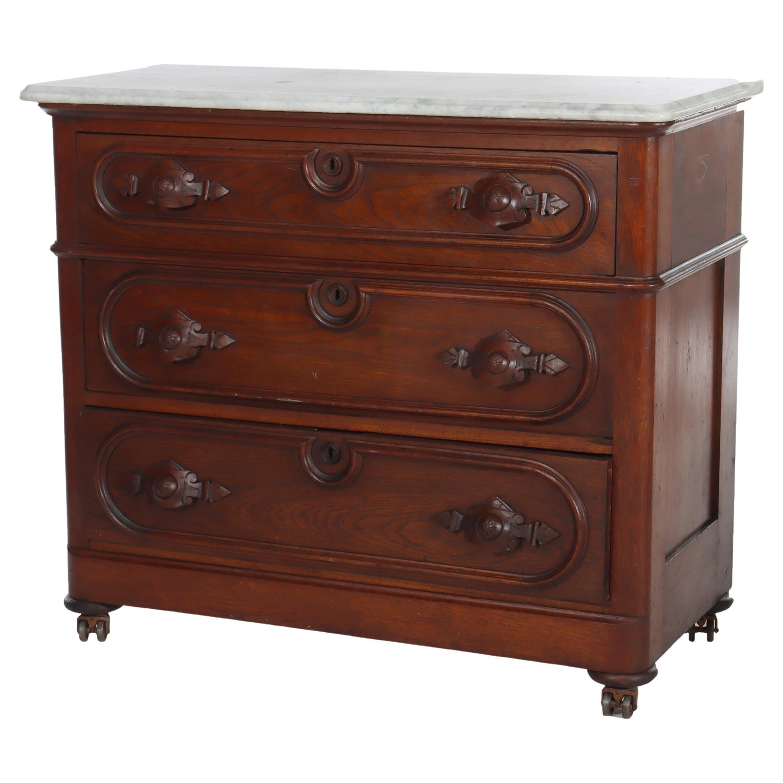 Antique Walnut Commode c1890 with Marble Top and Carved Pulls: Antique Walnut Commode c1890 with Marble Top and Carved Pulls This exquisite antique walnut commode from circa 1890 features a stunning marble top and showcases the intricate craftsmanship of the late