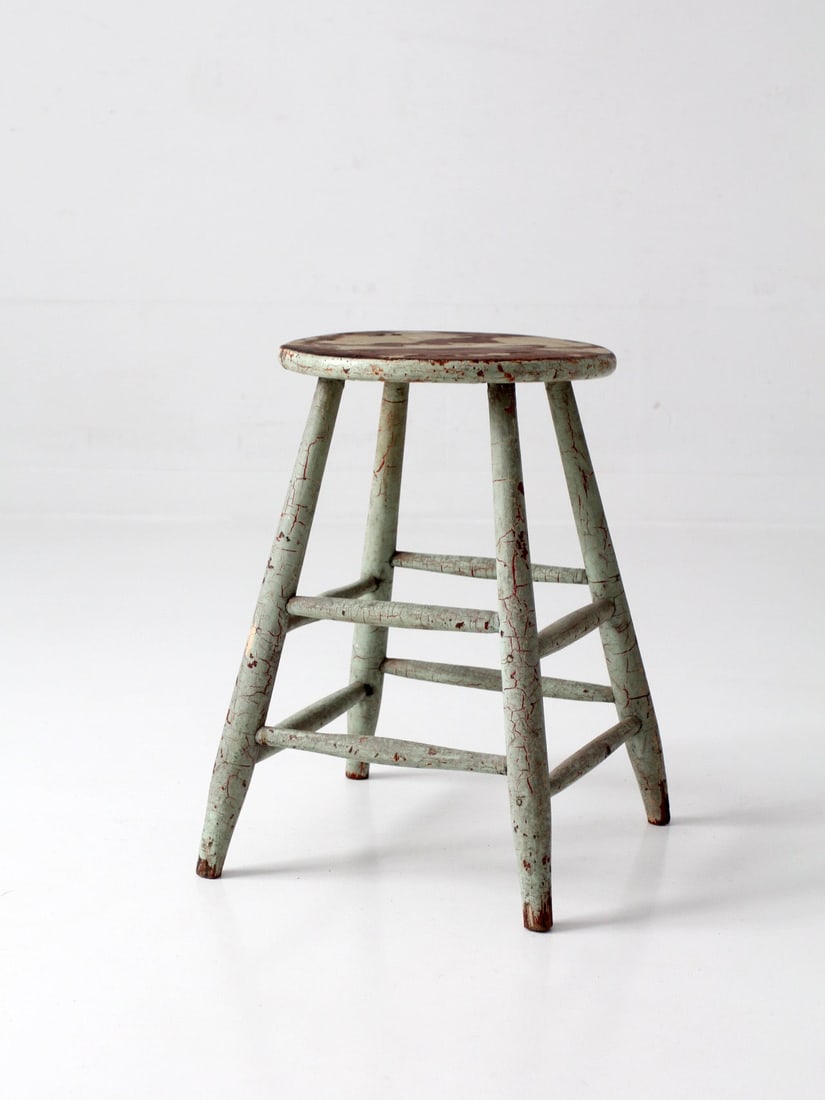 Green Crackle Finish Wood Stool with Round Seat (1 of 13)