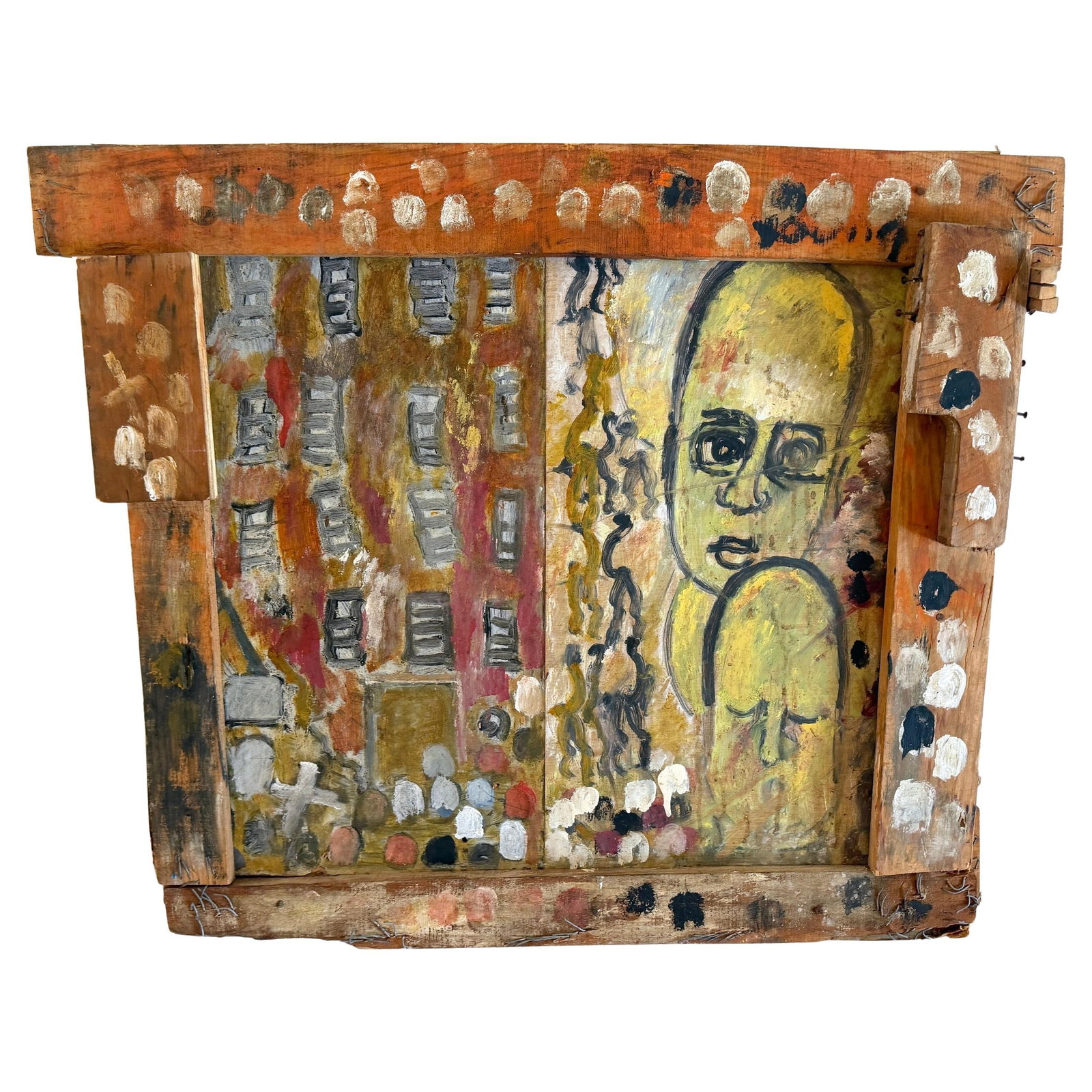Mixed Media Diptych by Purvis Young Depicting Angels and Procession: Mixed Media Diptych by Purvis Young Depicting Angels and Procession This mixed-media diptych, titled "Procession and Witness (Angels and Mourning)," is an evocative work by Purvis Young from the late 