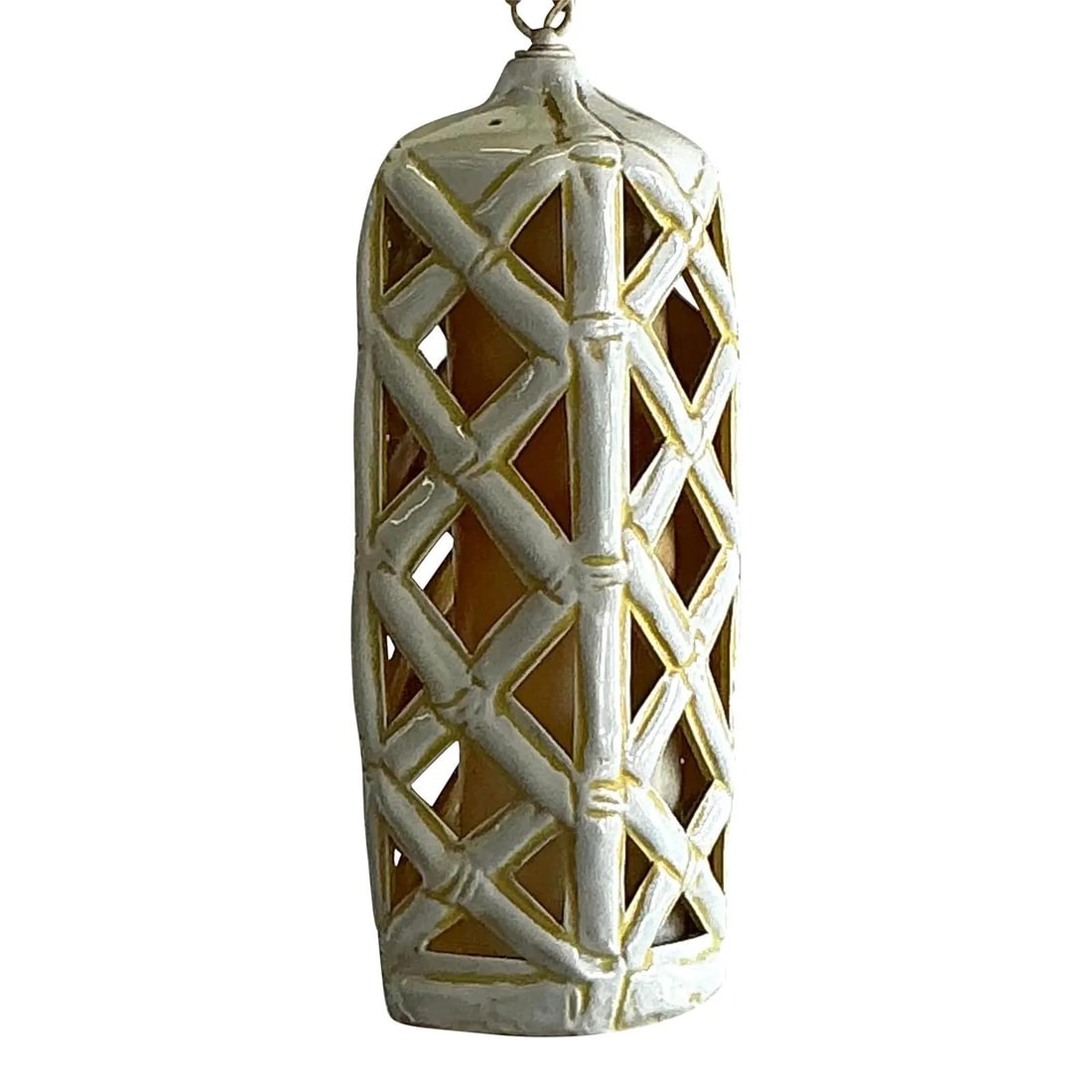 Vintage Mid-Century Modern Ceramic Faux Bamboo Hanging Lantern: Vintage Mid-Century Modern Ceramic Faux Bamboo Hanging Lantern Elevate your interior with this stunning Vintage Mid-Century Modern Glazed Ceramic Hanging Trellis Lantern. Showcasing a beautifully craf