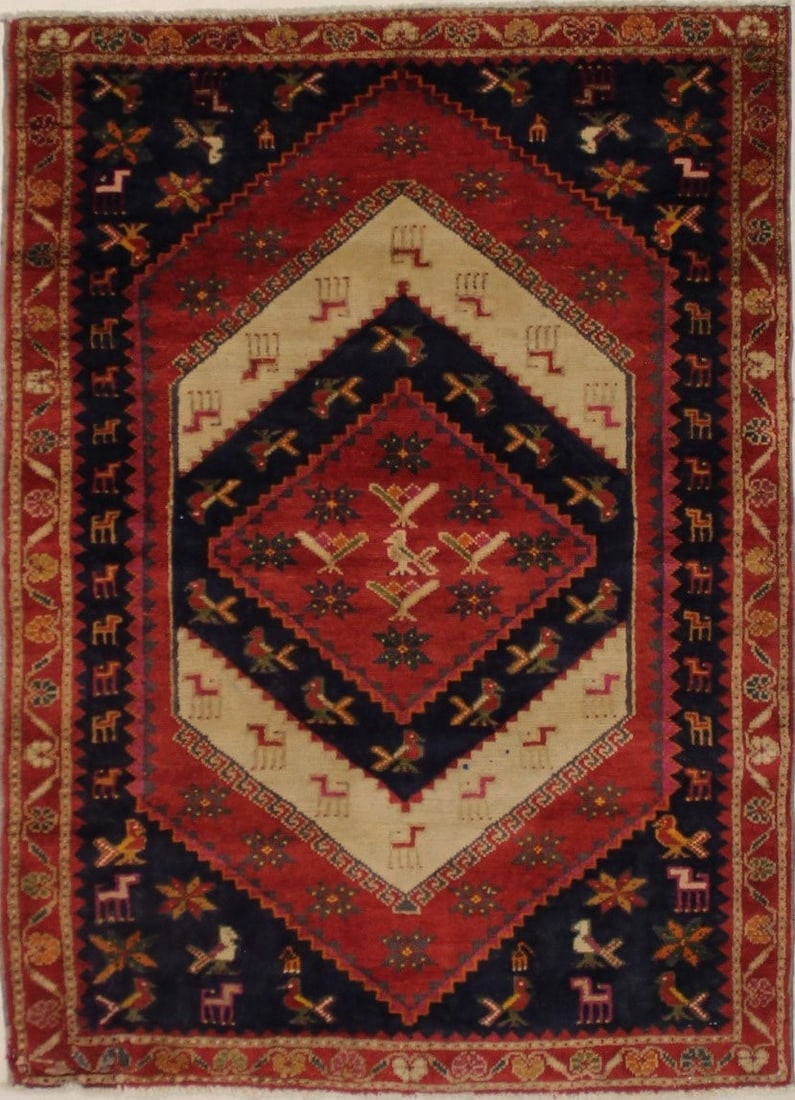 Hand-Knotted Wool Tribal Animal Motif Vintage Area Rug 3'4 x 4'8: Hand-Knotted Wool Tribal Animal Motif Vintage Area Rug 3'4 x 4'8 This semi-antique handmade Oriental rug features a tribal animal design and is crafted from hand-knotted wool. Showcasing a vibrant pal