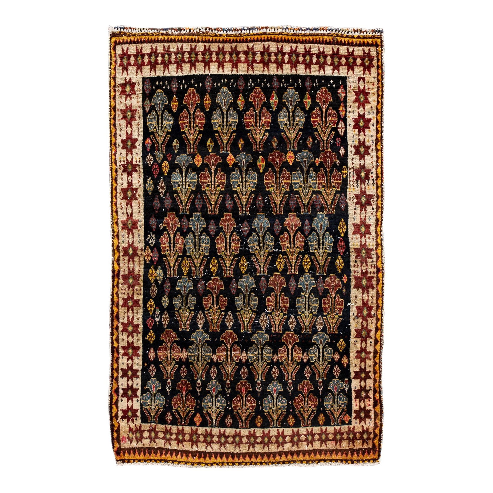 Antique Persian Wool Rug Multicolor Design 3'10 x 6'2 Hand-Knotted: Antique Persian Wool Rug Multicolor Design 3'10 x 6'2 Hand-Knotted This stunning Antique Persian Handmade Wool Rug showcases a beautiful hand-knotted design with a rich dark blue field complemented by