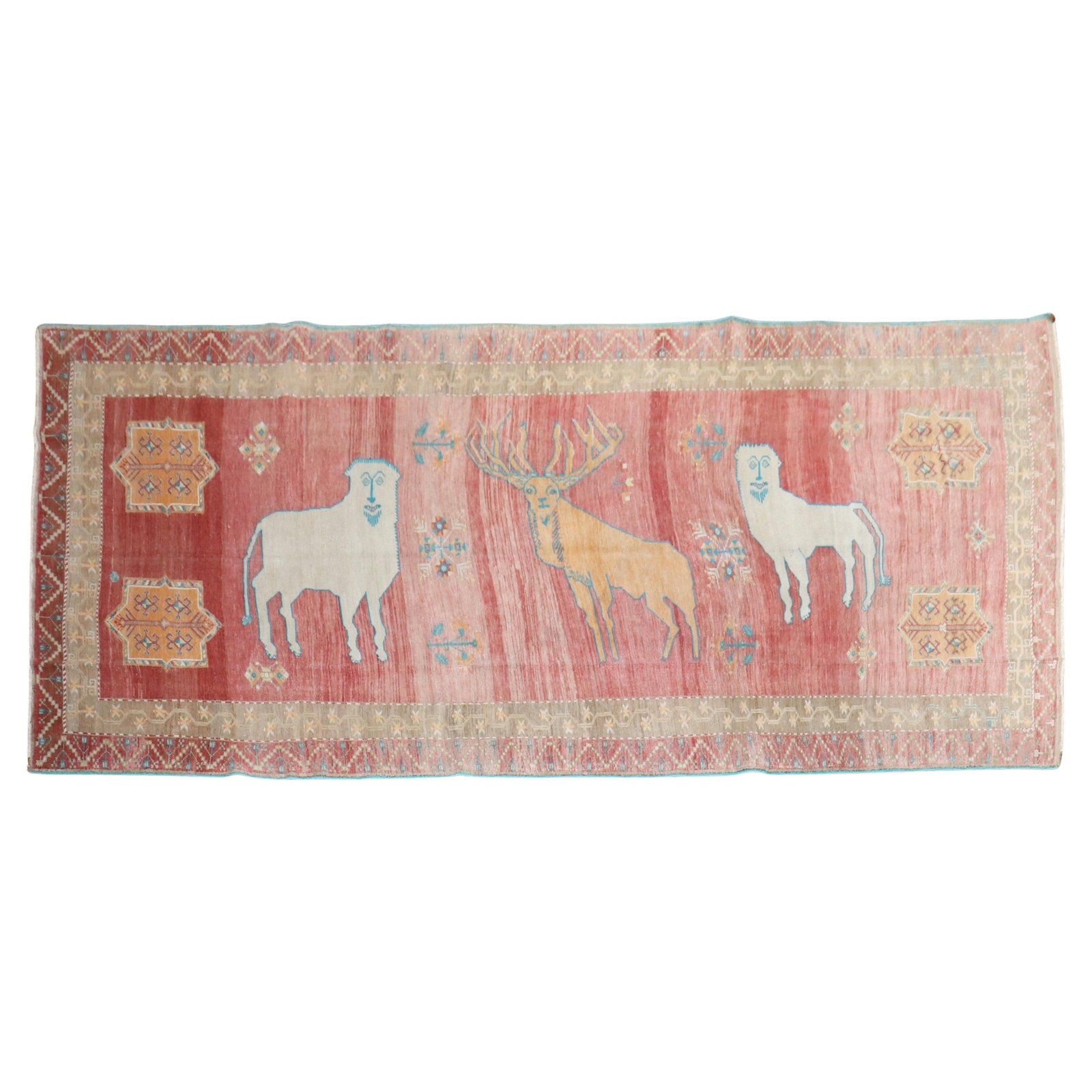 Turkish Folk Art Wool Rug with Lions and Deer Motif 6'5 x 12': Turkish Folk Art Wool Rug with Lions and Deer Motif 6'5 x 12' This mid-20th century Turkish Anatolian rug features a vibrant pictorial design depicting an orange deer and two white lions in a folk art