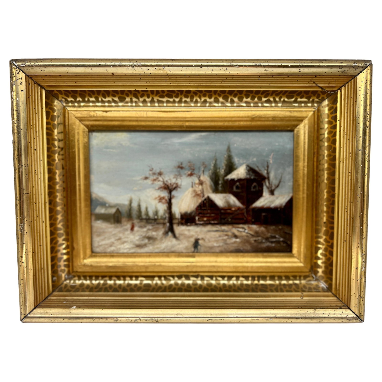 19th Century American School Snowy Barn Oil on Board Painting: 19th Century American School Snowy Barn Oil on Board Painting This captivating 19th-century oil on board painting from the American School features a serene snowy barn landscape, beautifully illustrat