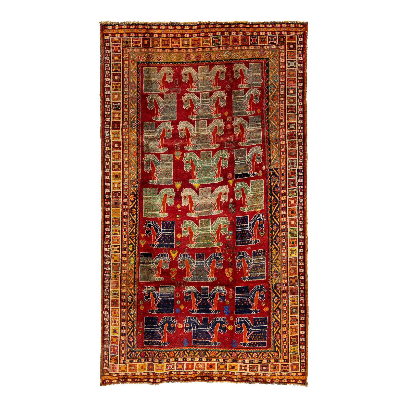 Vintage Persian Shiraz Wool Rug 4'5" x 7'8" Red Pictorial Design: Vintage Persian Shiraz Wool Rug 4'5" x 7'8" Red Pictorial Design Enhance your living space with this vintage Shiraz Persian wool rug, featuring a vibrant red field beautifully accented with multicolor