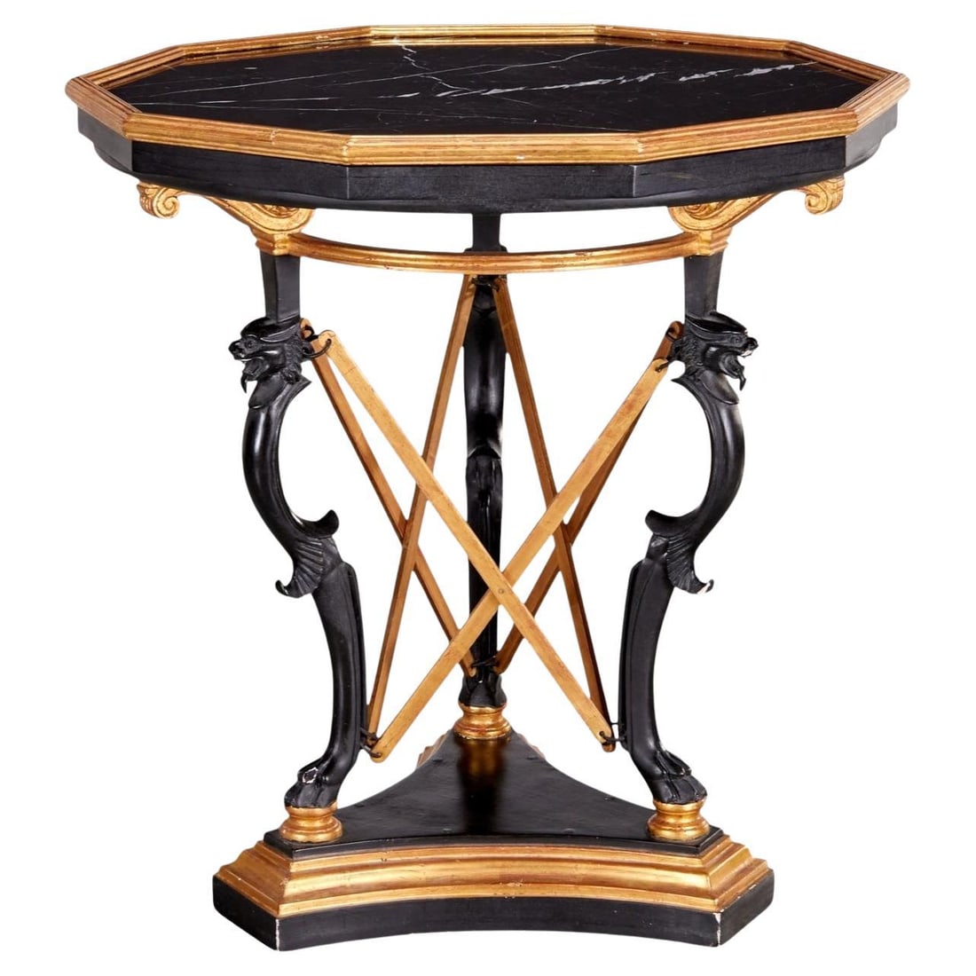 Octagonal Marble Top Center Table with Giltwood Greek Revival Detailing: Octagonal Marble Top Center Table with Giltwood Greek Revival Detailing This vintage Greek Revival center table features an octagonal black marble top set on an ebonized and partially gilt wooden fram
