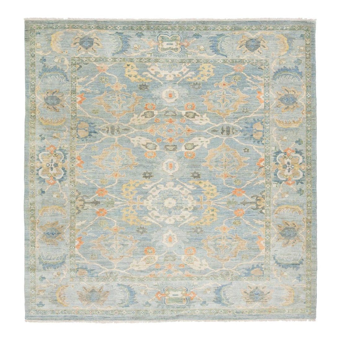 10'1 x 10'1 Wool Sultanabad Rug in Light Blue and Terracotta: 10'1 x 10'1 Wool Sultanabad Rug in Light Blue and Terracotta This Modern Sultanabad square wool rug draws inspiration from 19th-century Western Persian "Ziegler" designs, blending classical motifs wit