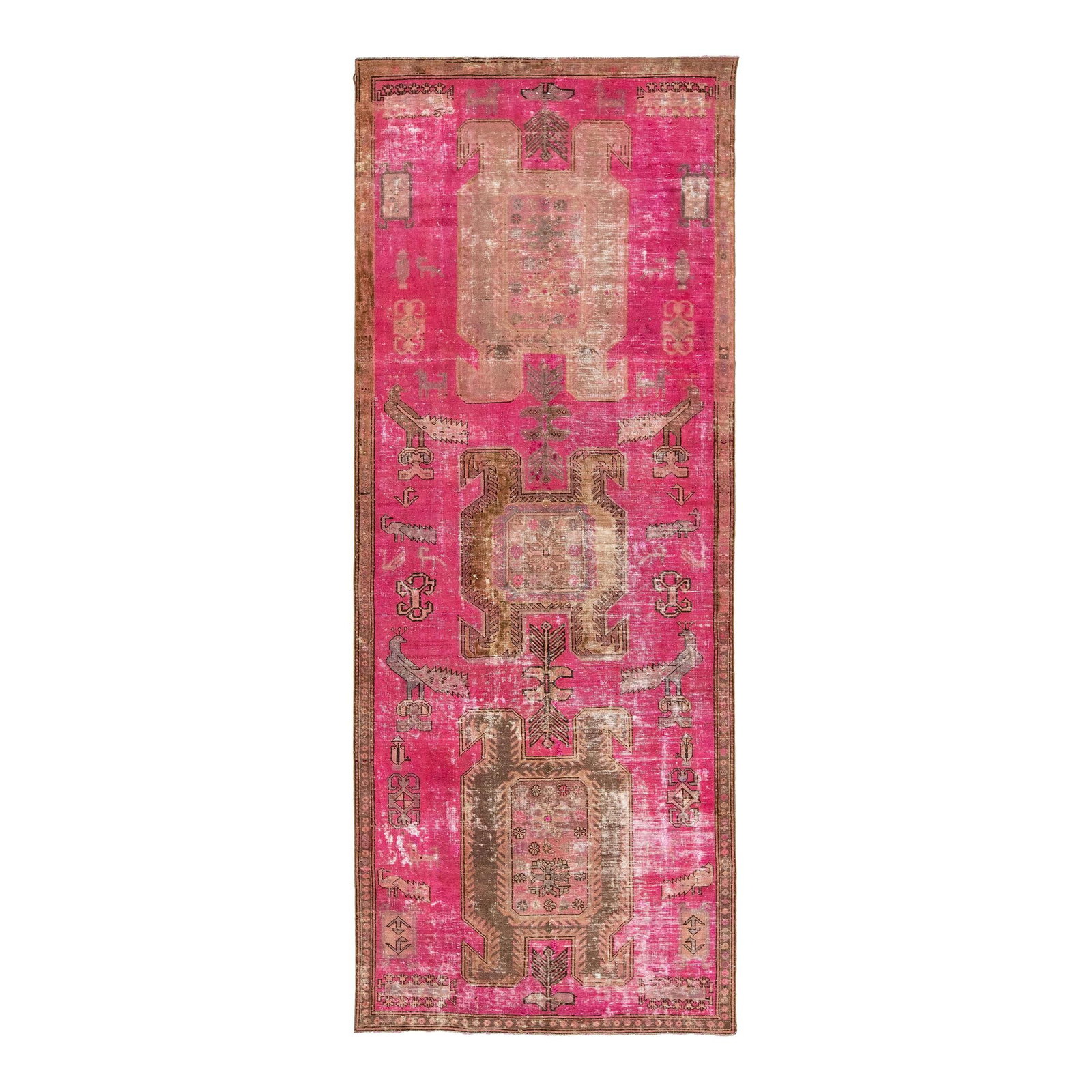 Pink Vintage Persian Wool Rug with Tribal Accents 3'9 x 9'8: Pink Vintage Persian Wool Rug with Tribal Accents 3'9 x 9'8 Enhance your space with this stunning vintage Persian wool rug, showcasing a vibrant pink field adorned with intricate gray tribal accents. 