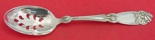 Alvin Fleur De Lis Sterling Silver Pierced Slotted Serving Spoon 8 1/4: Alvin Fleur De Lis Sterling Silver Pierced Slotted Serving Spoon 8 1/4 Sterling silver slotted serving spoon in the Fleur De Lis pattern by Alvin. This custom-made pierced 9-hole spoon measures 8 1/4 