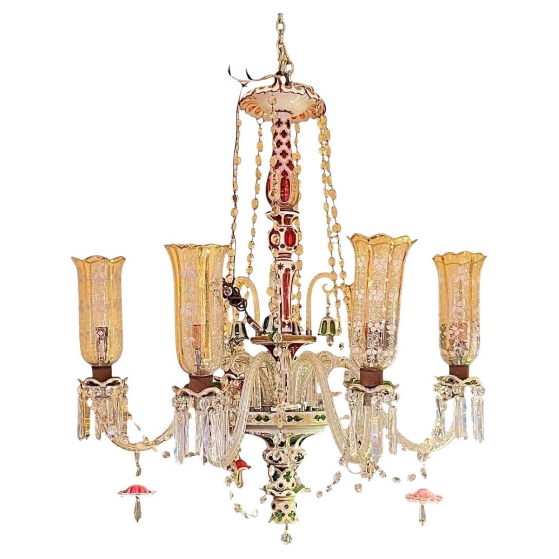 19th Century Bohemian Overlay Glass Chandelier Green Red White: 19th Century Bohemian Overlay Glass Chandelier Green Red White Antique Bohemian glass chandelier made for the Middle Eastern market. It features six electrified candle arms with clear glass hurricane 