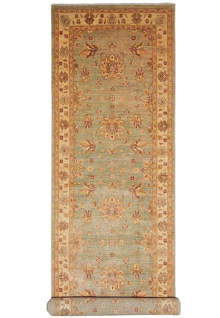 Handmade Hand-Knotted Wool Runner Rug 4 x 17.9 Feet Green Gold: Handmade Hand-Knotted Wool Runner Rug 4 x 17.9 Feet Green Gold Free continental US Shipping Handmade runner in green and gold with a traditional floral and ornamental design inspired by classic Persia