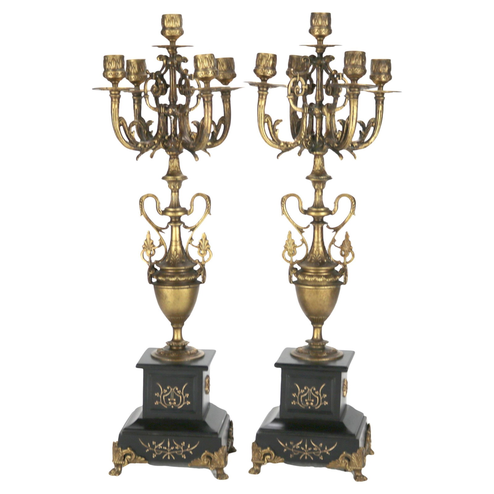 Set of 2 Antique Egyptian Revival Five-Light Candelabras Circa 1890: Set of 2 Antique Egyptian Revival Five-Light Candelabras Circa 1890 This exquisite pair of antique Egyptian Revival five-light candelabras dates back to circa 1890. Crafted from metal, these candelabr