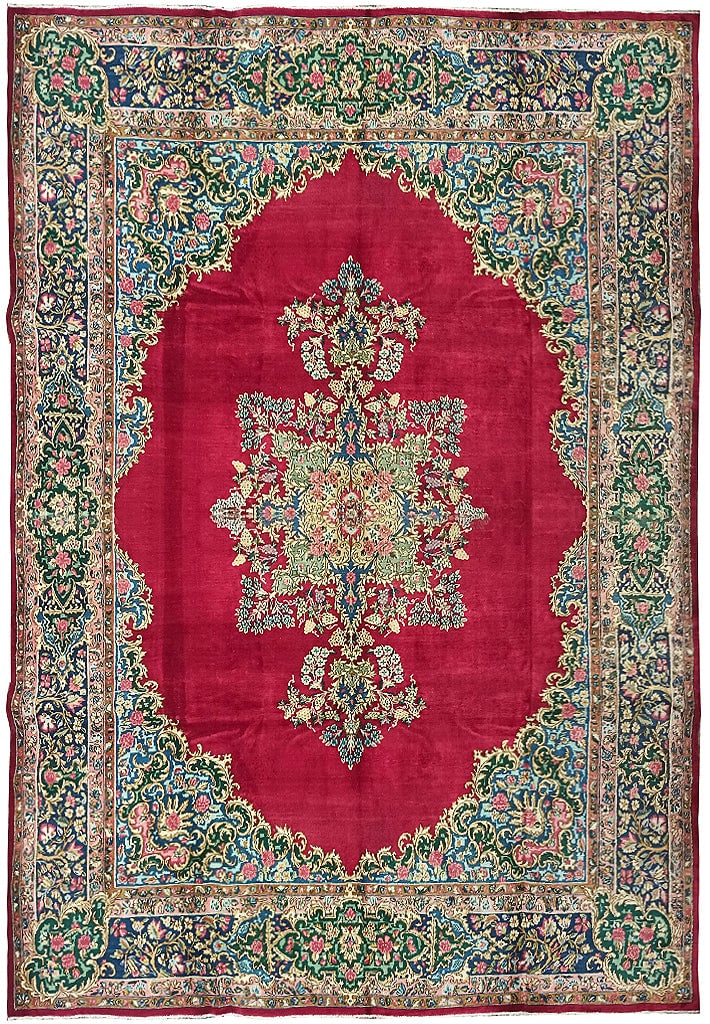 1970s Persian Kerman Area Rug 8.8 x 11.7 Handwoven Wool: 1970s Persian Kerman Area Rug 8.8 x 11.7 Handwoven Wool Free continental US Shipping Experience the beauty of Persian craftsmanship with this stunning 8.8 x 11.7 Persian Kerman Rug from the 1970s. Thi