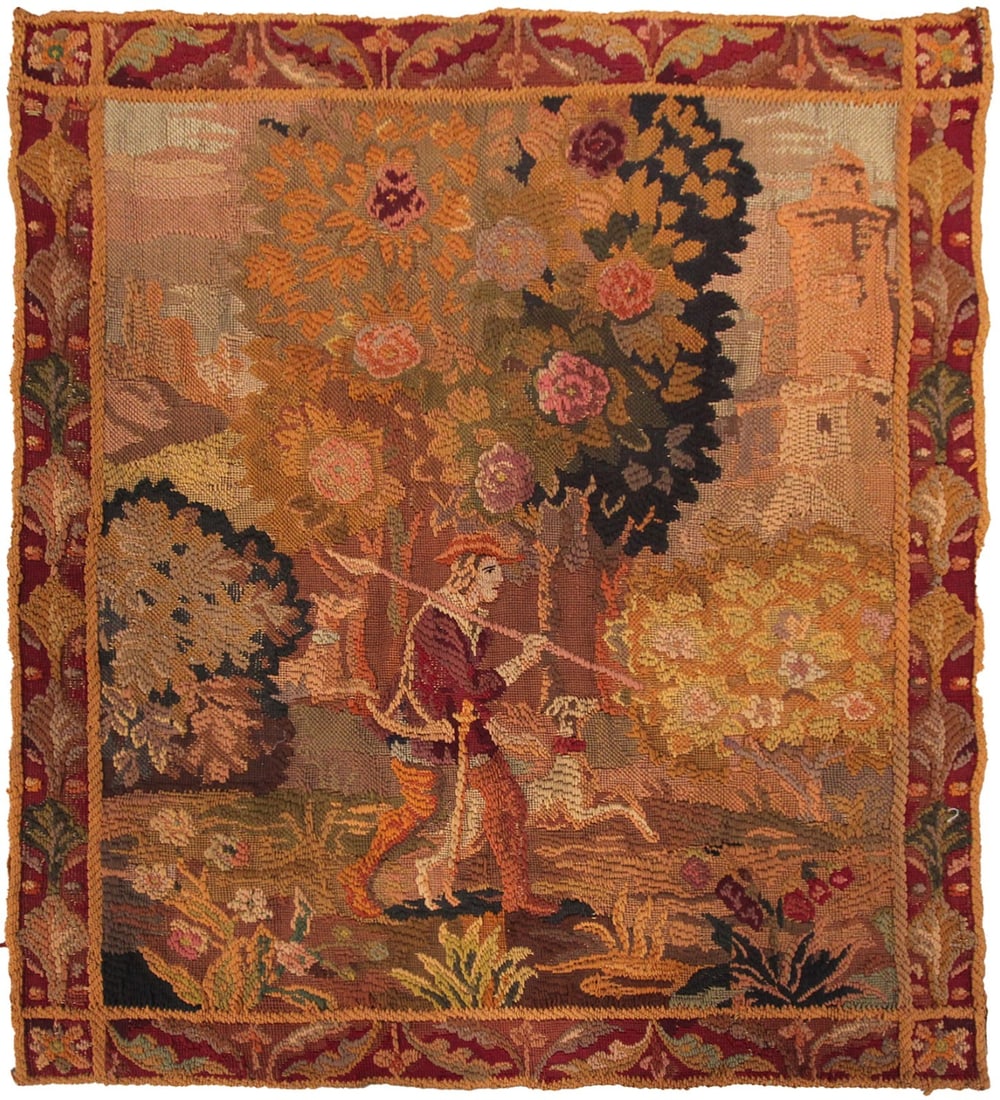 French wool pastoral hunting tapestry 3 x 4 ft antique: French wool pastoral hunting tapestry 3 x 4 ft antique This authentic antique French tapestry, dating to circa 1920, is expertly handwoven from richly dyed wool and features a detailed pastoral huntin