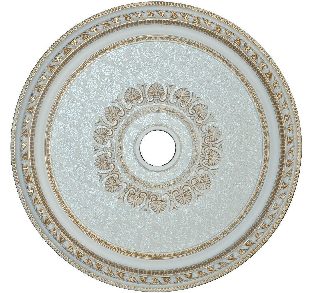 Artistry 32 Inch Antique White Floral Ceiling Medallion: Artistry 32 Inch Antique White Floral Ceiling Medallion This 32-inch round ceiling medallion features an elegant white floral motif, designed to enhance the appearance of chandelier installations in f