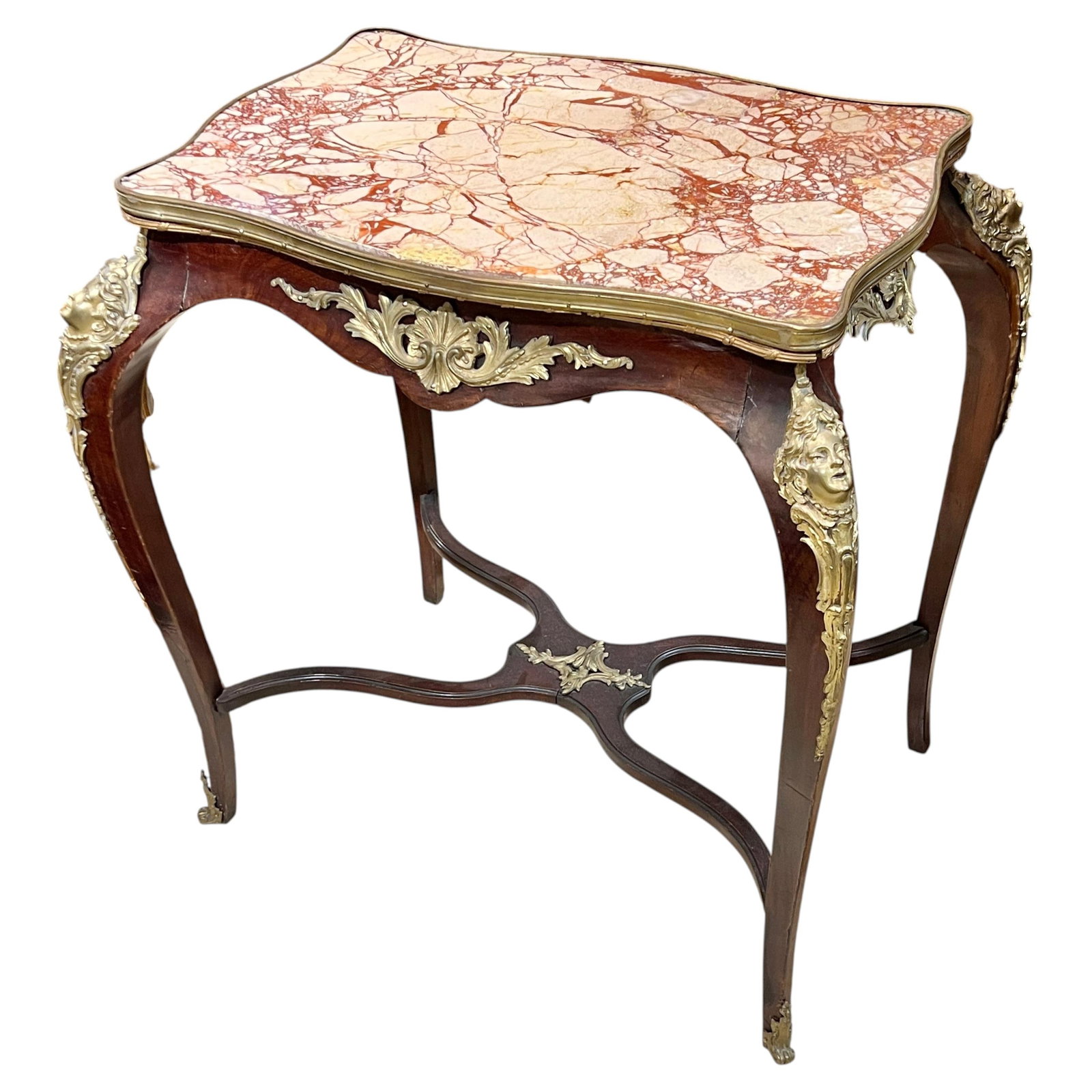French Louis XV Style Side Table with Marble Top Bronze Mounts: French Louis XV Style Side Table with Marble Top Bronze Mounts Antique French side or center table in the Louis XV style with a serpentine rectangular marble top, bronze mounts, cabriole legs decorate