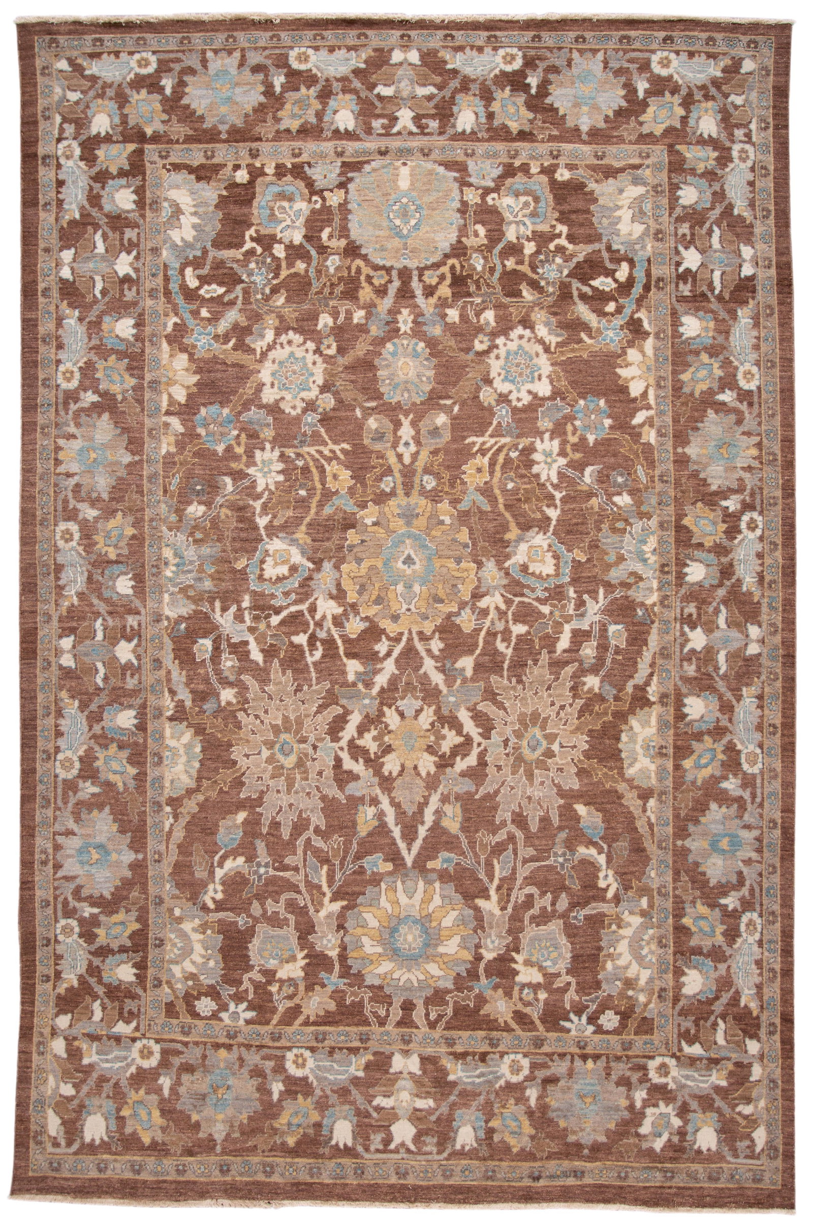 Elegant 21st Century Sultanabad Rug 9'10 x 14'1 Wool Floral Design: Elegant 21st Century Sultanabad Rug 9'10 x 14'1 Wool Floral Design Enhance your living space with this stunning 21st Century Modern Sultanabad Rug. Featuring a rich brown field adorned with intricate 
