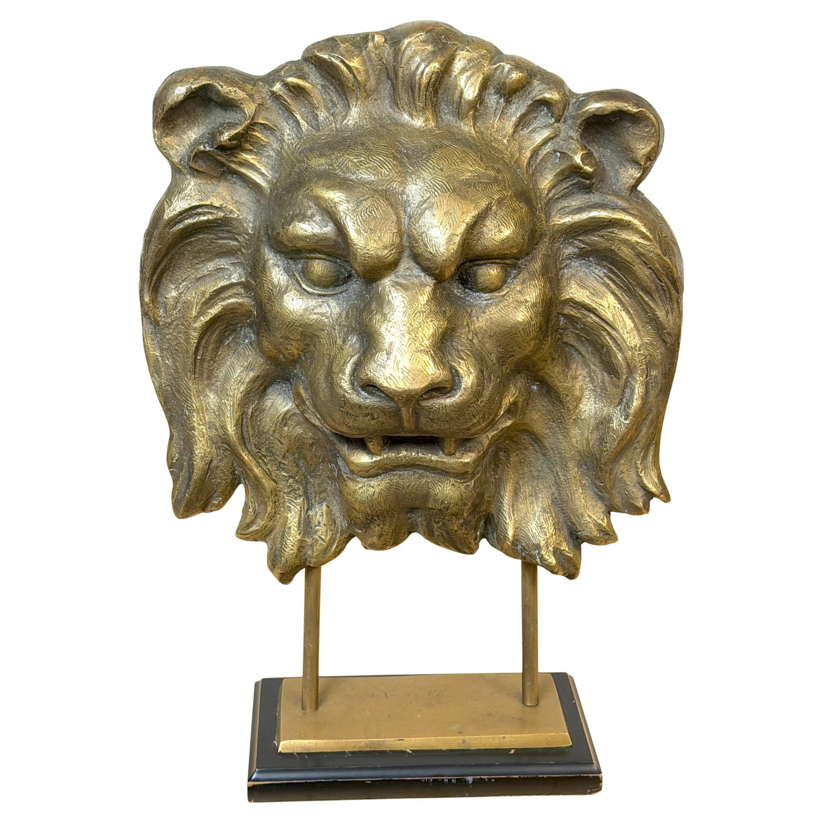 Neoclassical Bronze Lion Mask Sculpture on Museum Mount 20th Century: Neoclassical Bronze Lion Mask Sculpture on Museum Mount 20th Century This large, finely cast bronze lion mask is a striking neoclassical sculptural relief mounted on a custom museum-style base. Crafte