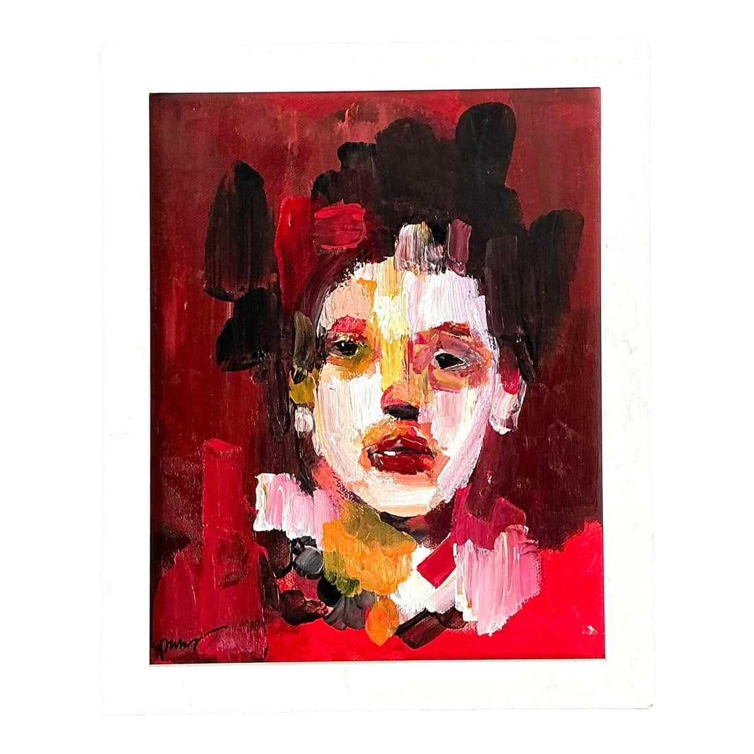 Abstract Female Oil Painting in White Shadowbox Frame: Abstract Female Oil Painting in White Shadowbox Frame This original vintage oil on canvas features a compelling abstract figurative study in the modern expressionist style. The artist employs bold imp